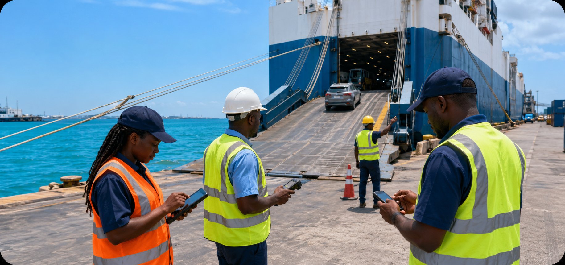 Stevedores using the Stevedoring App at a South African RORO port
