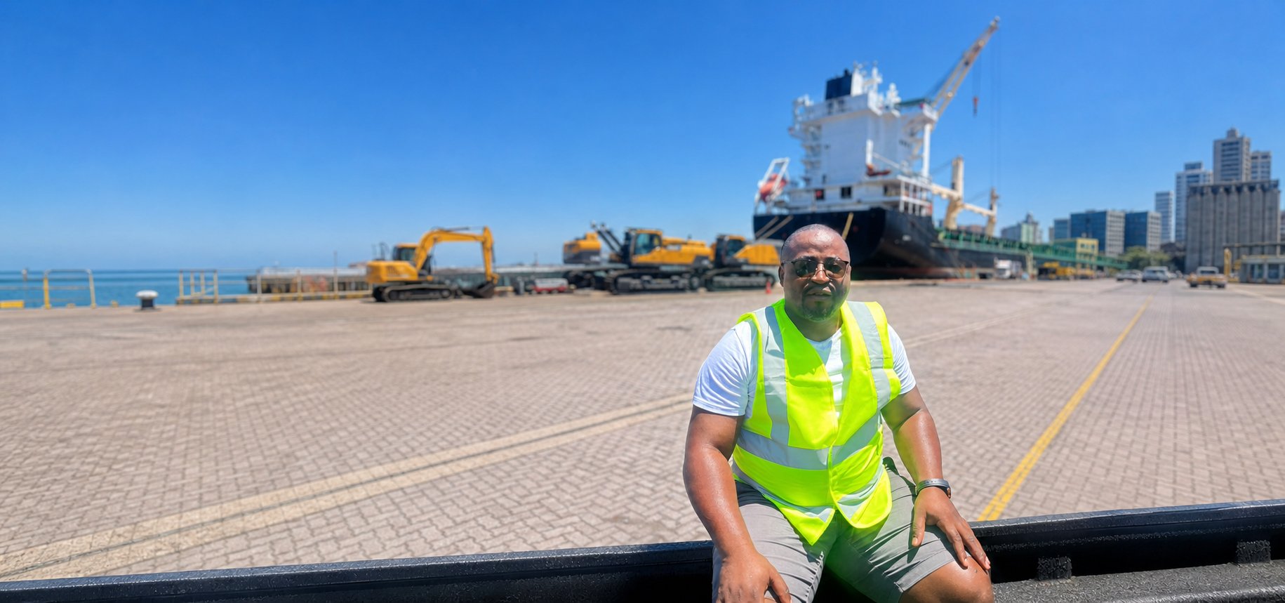 Port worker in a high-visibility vest at a South African RORO terminal, with a vehicle-carrier ship and harbour behind