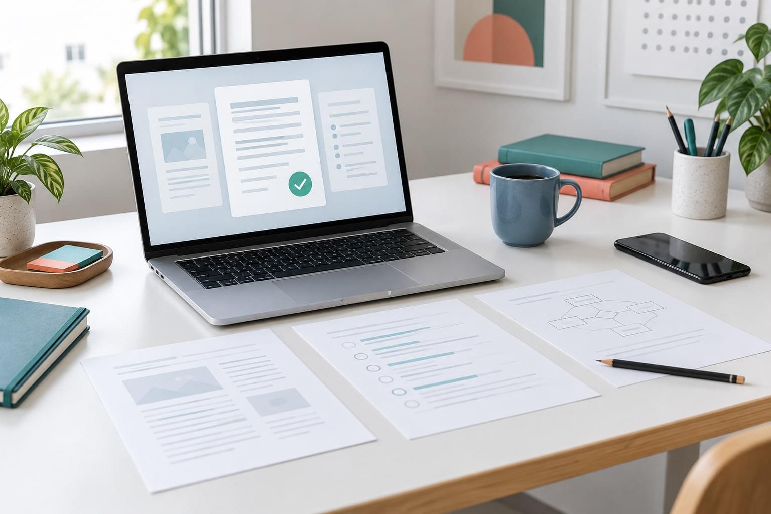 Illustration of a laptop, source documents and a review workflow