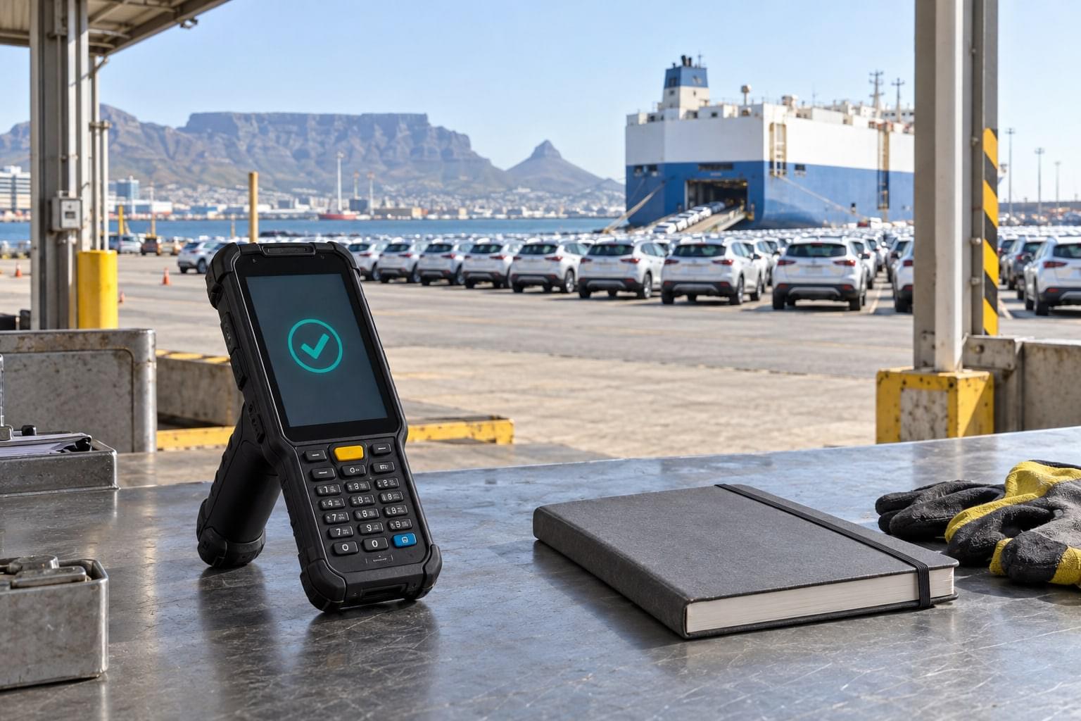 Illustration of a rugged handheld scanner overlooking a vehicle terminal