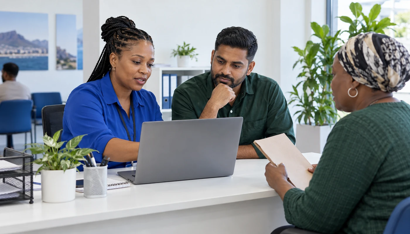 Three people reviewing information together at a laptop